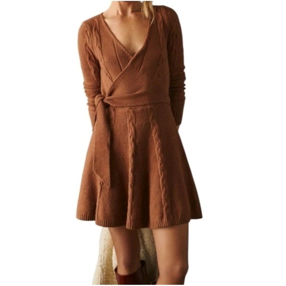 Anthropologie Greylin‎ Cable Knit Wrap Sweater Dress Small Mocha Brown KWD5914A